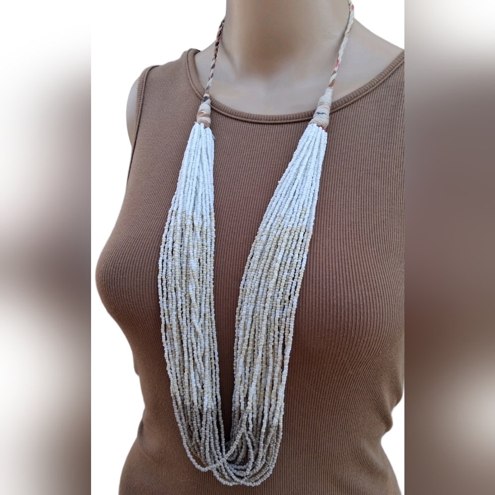 Vintage Ombre Seed Bead Multi-Strand Statement Necklace Boho Neutral - Picture 2 of 8
